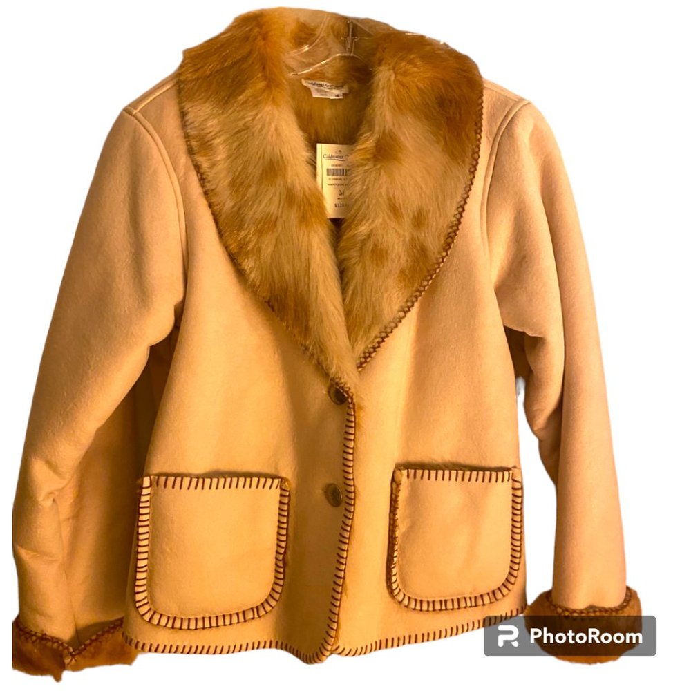 Coldwater Creek NWT Whipstitch Faux Fur Faux Suede 2 button Coat Cream sz M‎